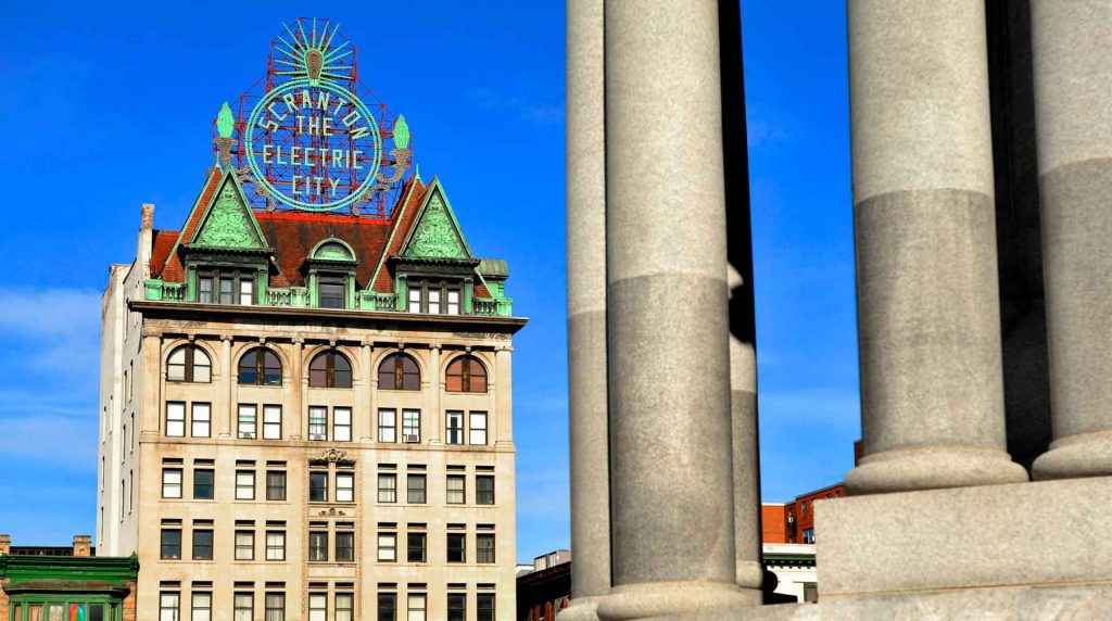 Close up of buildings in downtown Scranton, PA