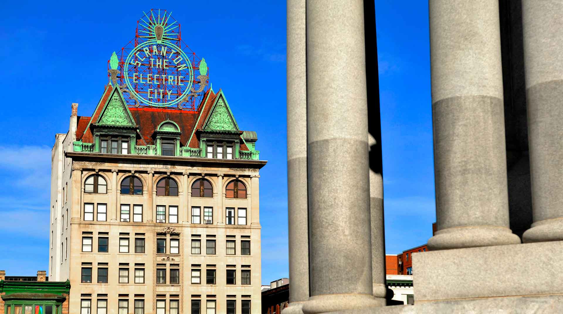 Close up of buildings in downtown Scranton, PA