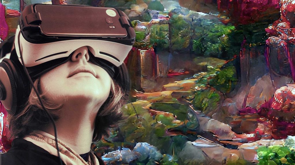A person wearing a virtual reality headset appears immersed in a colorful, surreal landscape featuring vibrant reds, greens, and oranges. The virtual world envelops them as the headset covers their eyes, suggesting deep engagement with this captivating scene.