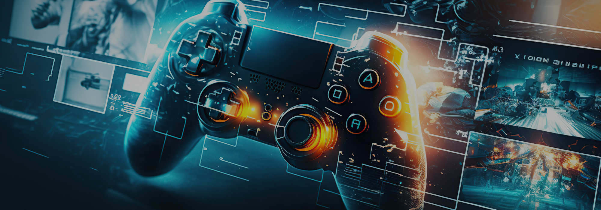 A glowing gaming controller surrounded by futuristic digital graphics and game screens illustrates an immersive video game environment with a dynamic, high-tech design, offering an experience for better gaming.