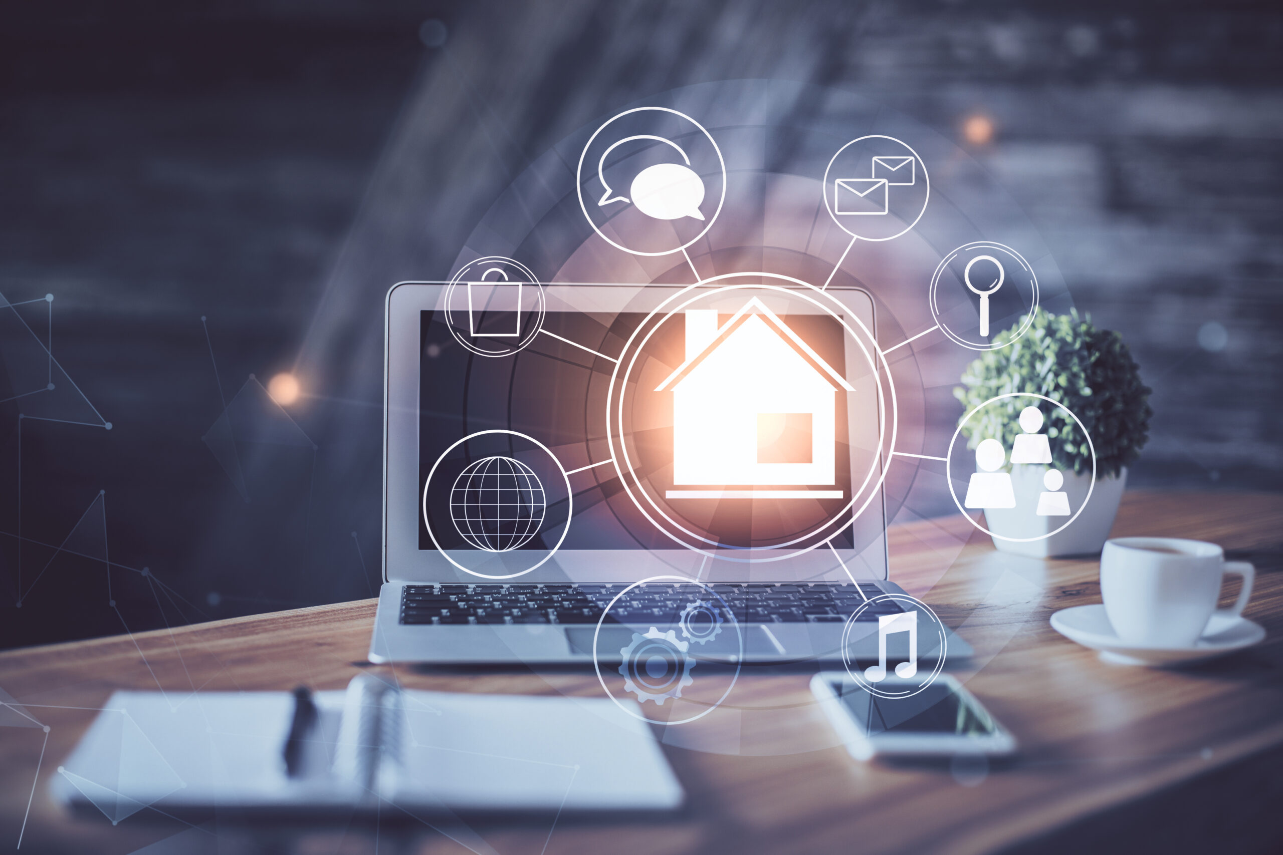 A laptop on a wooden desk shows a glowing house icon surrounded by digital symbols, reflecting the essence of smart home technology. Nearby are troubleshooting notes in a notebook, alongside a pen, smartphone, potted plant, and cup, creating an aura of a modern workspace.