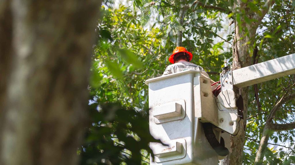 Empire Access employee in a lift bucket working on fiber internet installation