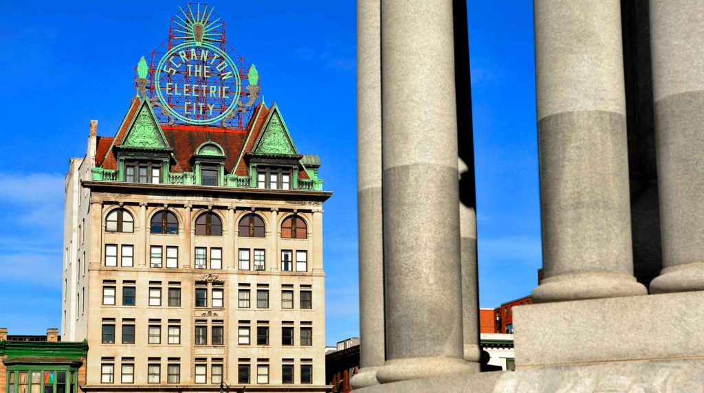Close up of buildings in downtown Scranton, PA