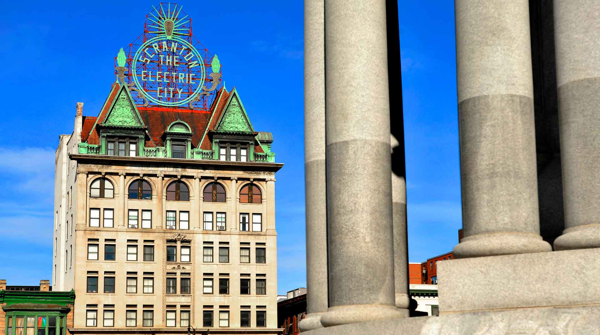Close up of buildings in downtown Scranton, PA
