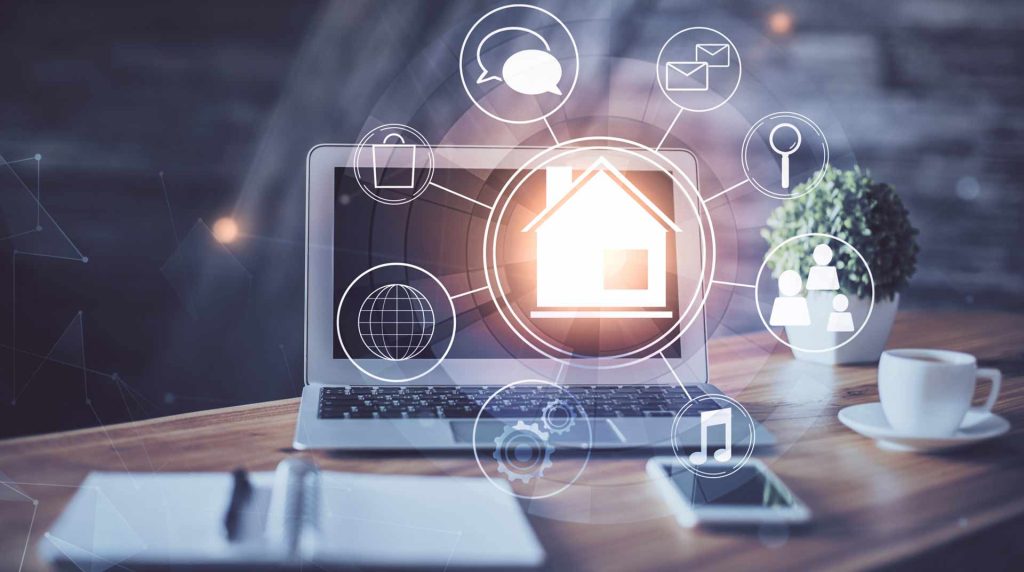 A laptop on a wooden desk shows a glowing house icon surrounded by digital symbols, reflecting the essence of smart home technology. Nearby are troubleshooting notes in a notebook, alongside a pen, smartphone, potted plant, and cup, creating an aura of a modern workspace.