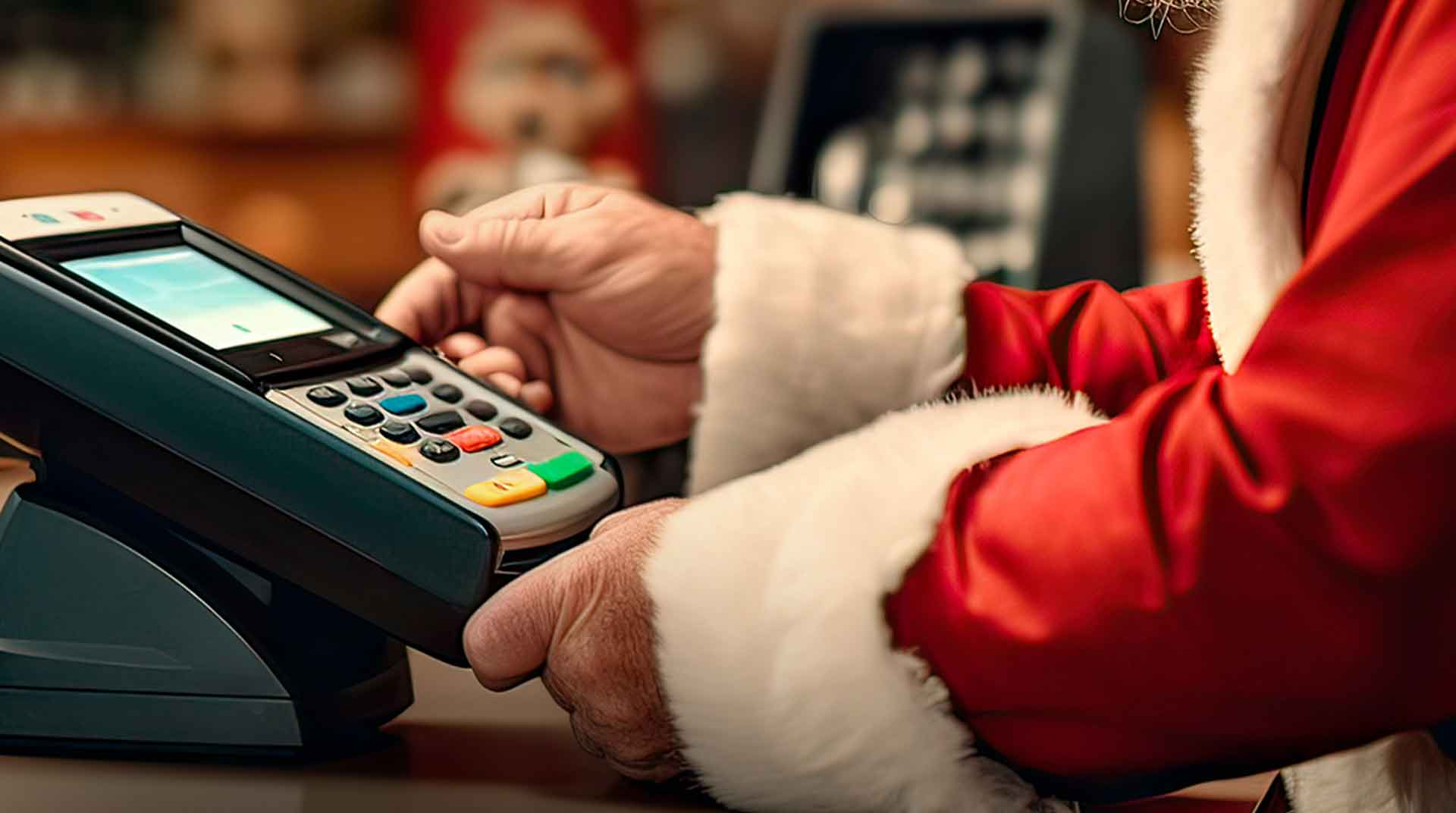 Santa Claus in a festive red suit uses a card reader at a store counter, spreading holiday cheer. Text reads, "More 'Ho-Ho-Ho,' Less 'Oh, No, No!'" The Empire Access logo is at the bottom left corner.
