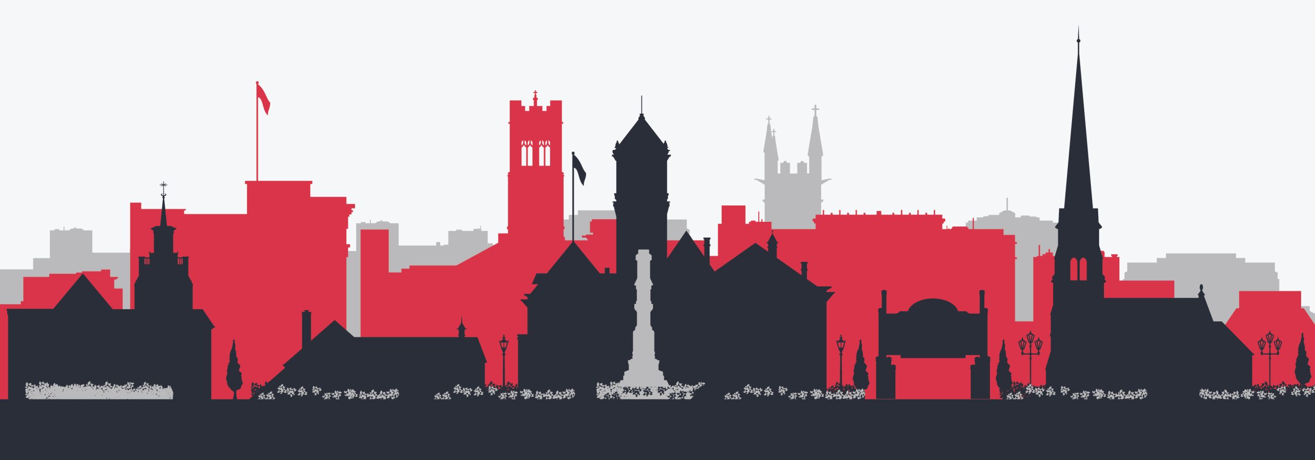 A stylized city skyline silhouette features various buildings, towers, and spires in shades of red and black against a light gray background. Rochester's prominent flag and a tall spire stand out, echoing the city's vibrant spirit in the age of the internet.