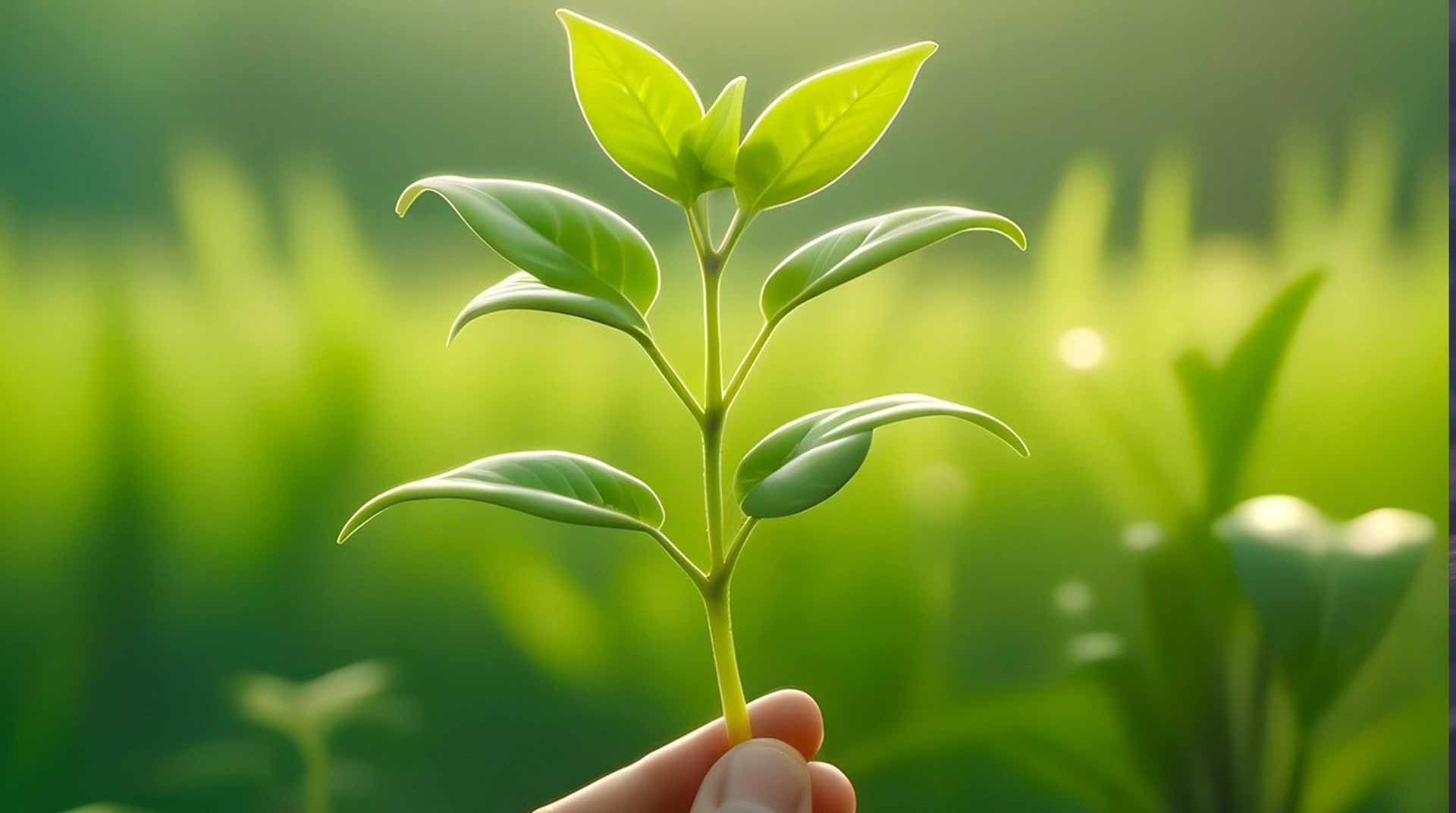 A close-up of a person's hand holding a small green plant with leaves, set against a blurred background of sunlight and greenery, embodies the spirit of Earth Day. The scene conveys growth and nature's beauty.