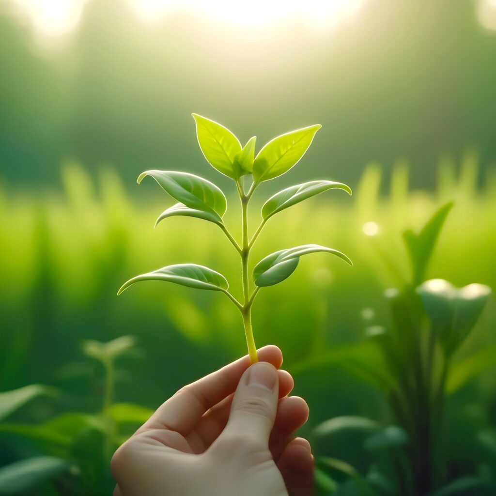 A close-up of a person's hand holding a small green plant with leaves, set against a blurred background of sunlight and greenery, embodies the spirit of Earth Day. The scene conveys growth and nature's beauty.