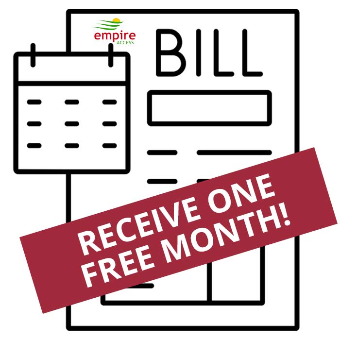 A bill and calendar icon with the Empire Access logo highlights the Empire Access Referral Program. A red banner across the image says, "RECEIVE ONE FREE MONTH!.