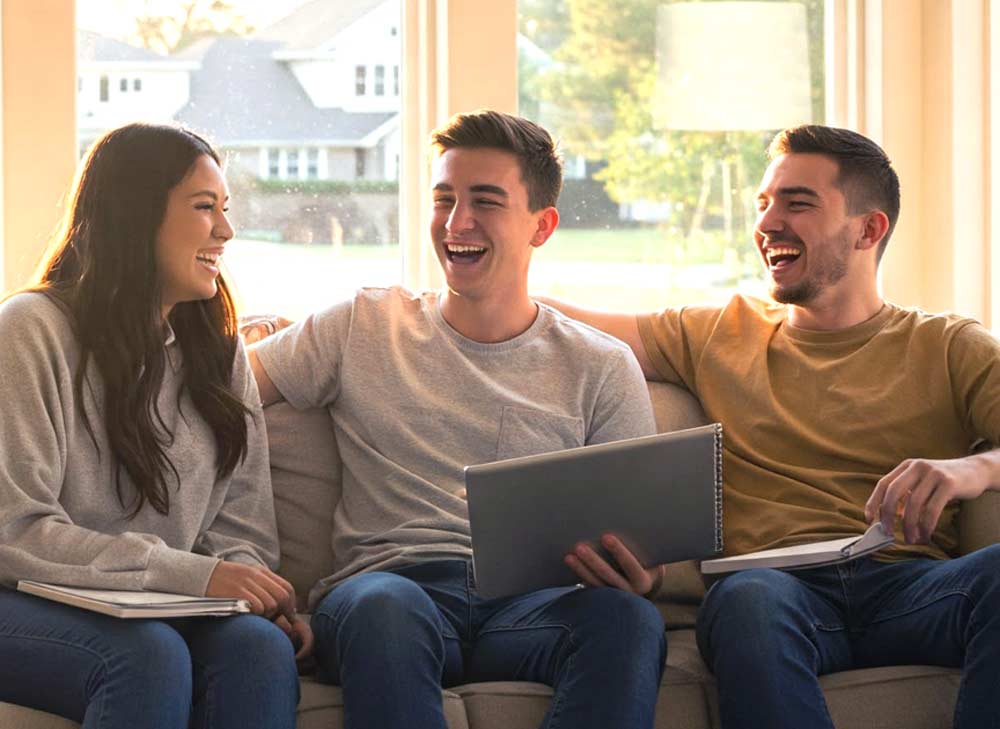 Three young adults sit on a couch, smiling and laughing together. Two hold notebooks, and one holds a laptop. Bright daylight streams in from large windows behind them, with houses and greenery visible outside.