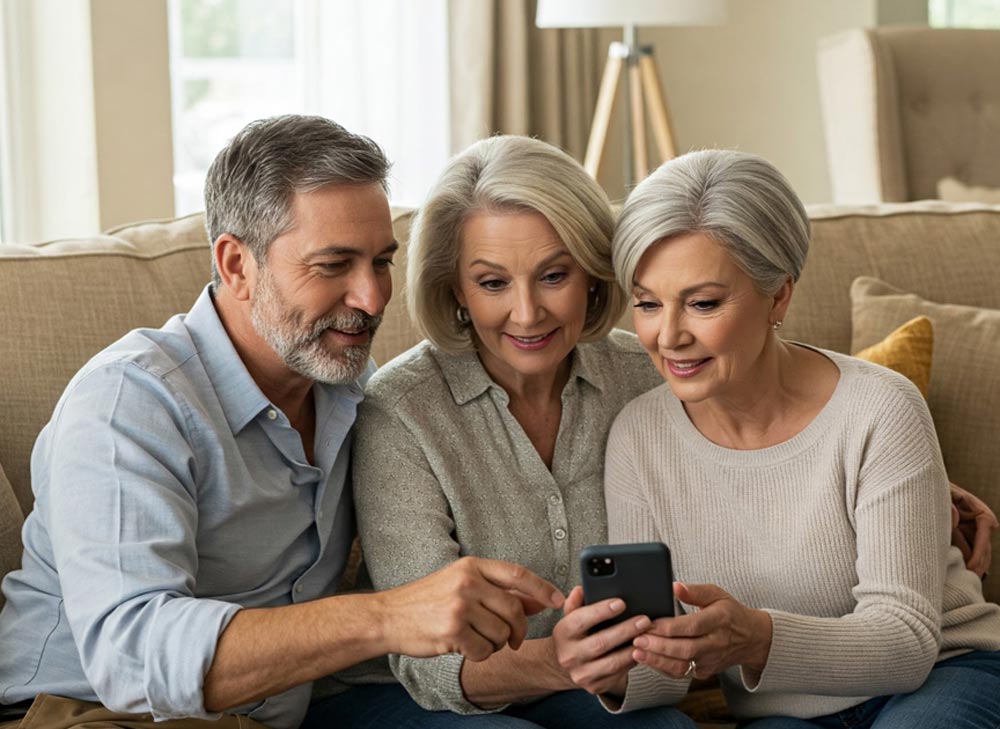 Three older adults with gray hair sit closely on a couch, smiling and looking at a smartphone together in a well-lit living room.