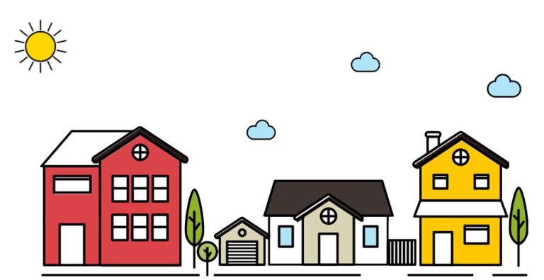 A simple illustration of four houses in different styles and colors under a sunny sky with a few clouds and small trees along the street.