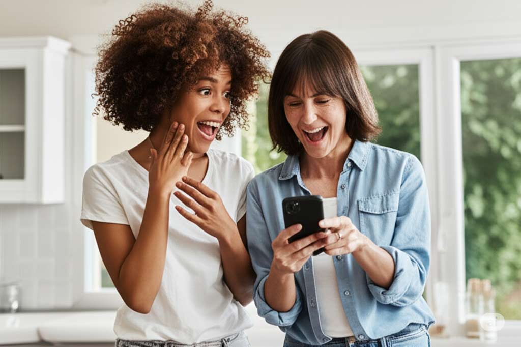 Two women stand in a bright kitchen, smiling and looking excitedly at a smartphone. One has curly hair and an astonished expression, while the other has straight hair and is holding the phone, both appearing happy and surprised.