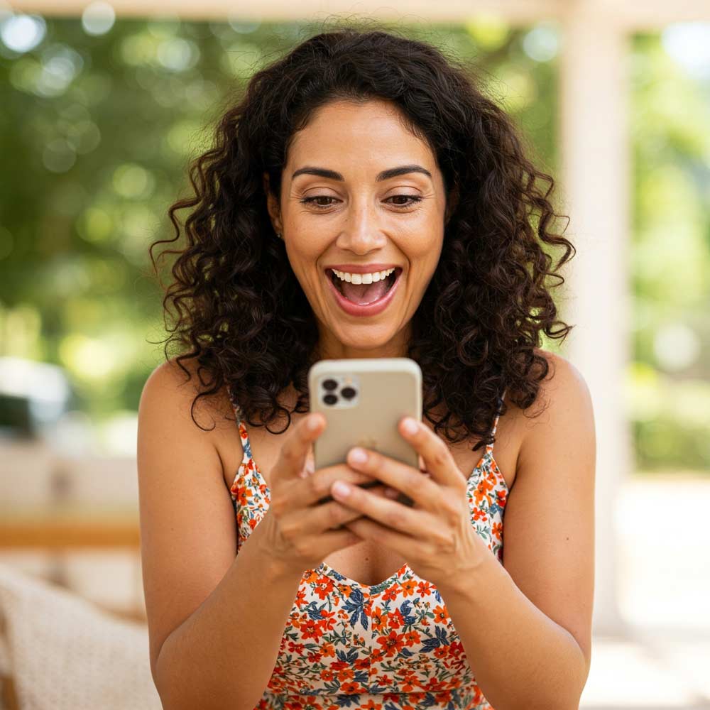 A woman with curly hair wearing a floral dress smiles excitedly while looking at her smartphone outdoors, thrilled to learn about the Empire Access Referral Program.