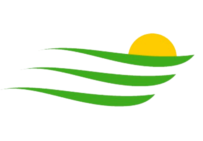Stylized image of a yellow sun rising or setting above four curved green lines resembling hills or fields, suggesting a landscape scene.