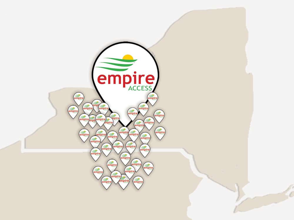 A map of New York State with multiple location pins marked "Empire Access," highlighting the company’s service areas in the southern and western regions of NY and northern PA states.