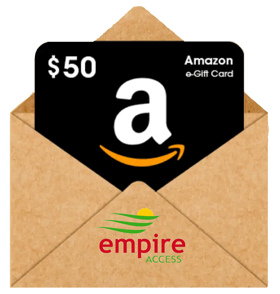 A $50 Amazon e-Gift Card partially inside a brown envelope with the Empire Access logo on the front.