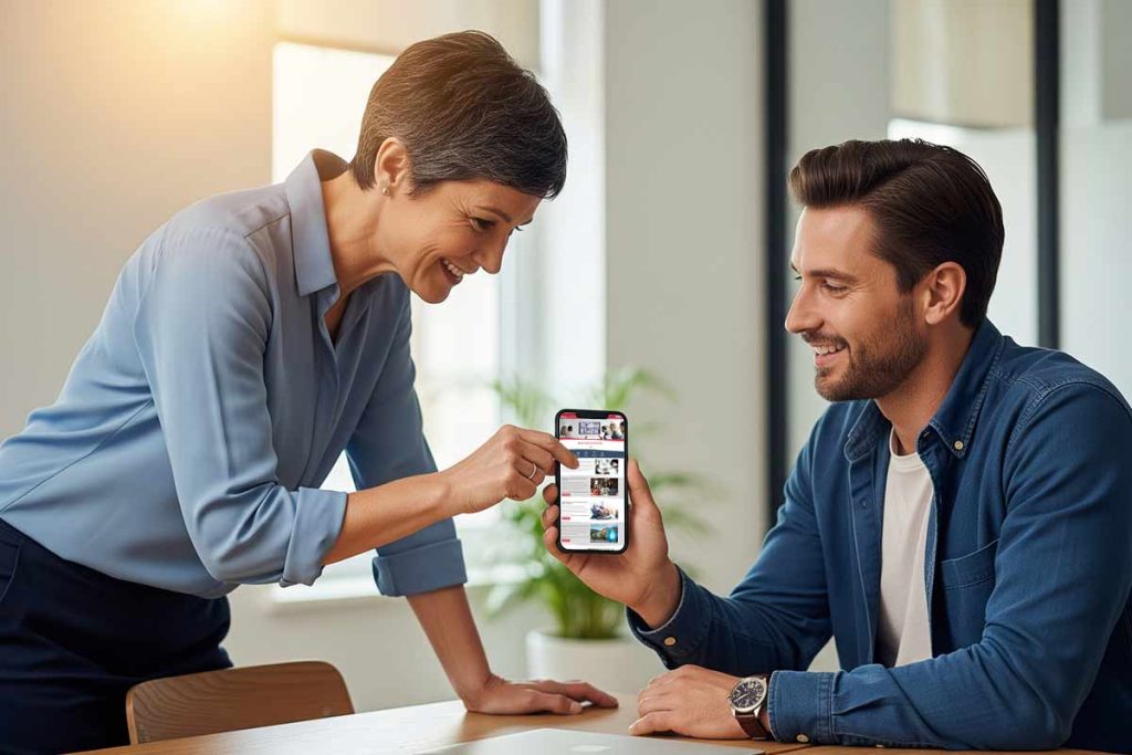 Two people in an office smile as one shows the other a smartphone screen, displaying various app icons. They look engaged and happy, discussing the Business Referral Program from Empire Access
