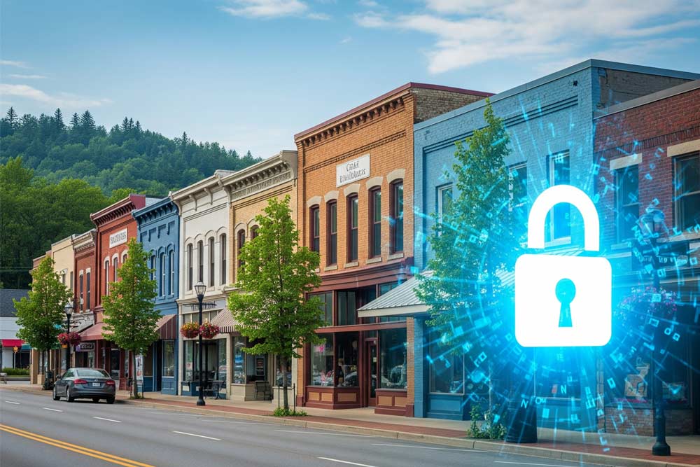 A row of colorful storefronts on a small town street with trees and hills in the background. A large glowing digital padlock graphic is superimposed, symbolizing the security offered by Fiber Business Services.