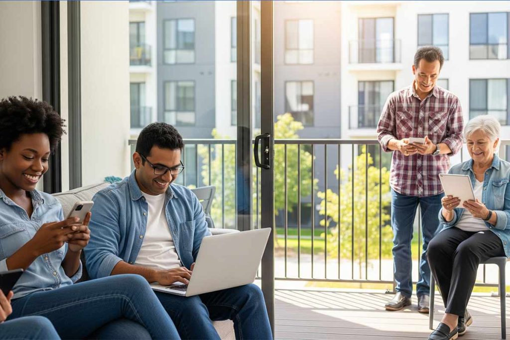 Four people of different ages sit and stand on a sunny balcony, each using a digital device, enjoying seamless connectivity thanks to Multi-Dwelling Internet Services, with modern apartment buildings in the background.