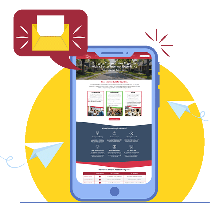 A smartphone displays the Empire Access website with a message icon above it and paper airplanes flying around, all set against a yellow circle background.