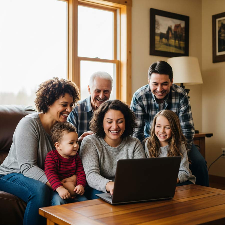A multigenerational family of six smiles and gathers around a laptop on a coffee table in a cozy living room, enjoying time together near a large window with natural light—connected by Empire Access Residential internet.