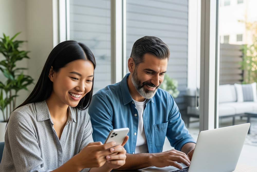 A woman smiles while looking at her phone, sitting beside a man working on a laptop. Indoors by large windows, they appear to be enjoying their time together—perhaps discussing Fiber Business Services.