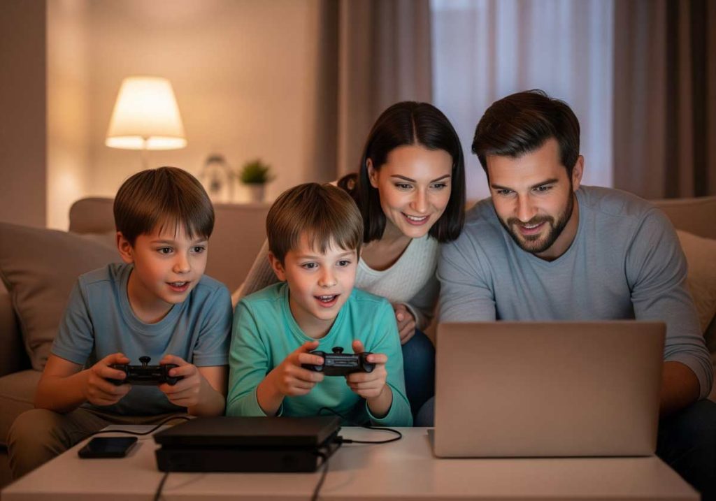 Family of four enjoying the high-speed fiber internet of Empire Access with their gaming and laptop
