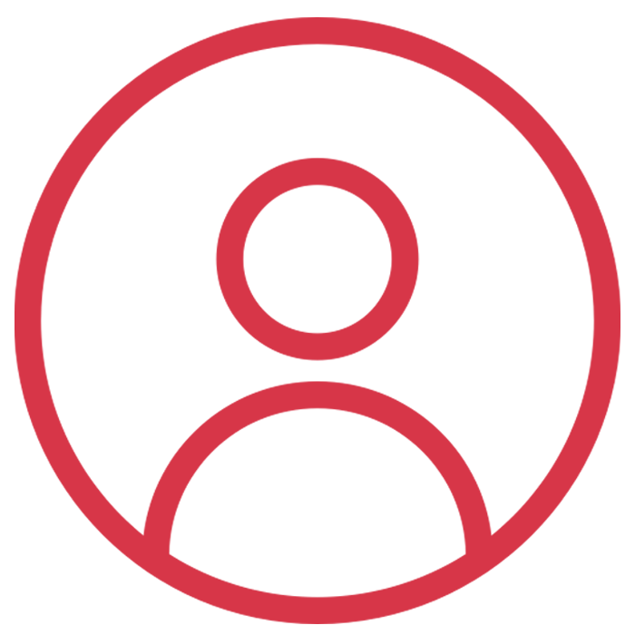 A red, simple outline icon of a person, symbolizing career opportunities, features a circular head and shoulders within a larger circle on a white background.