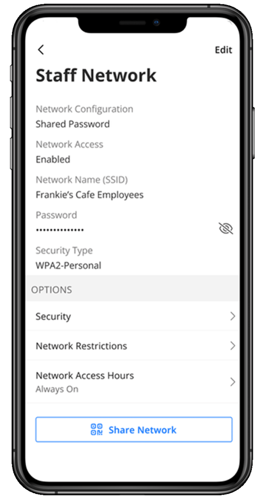 Mobile screen of the Empire Access Business Advantage app showing the staff network screen
