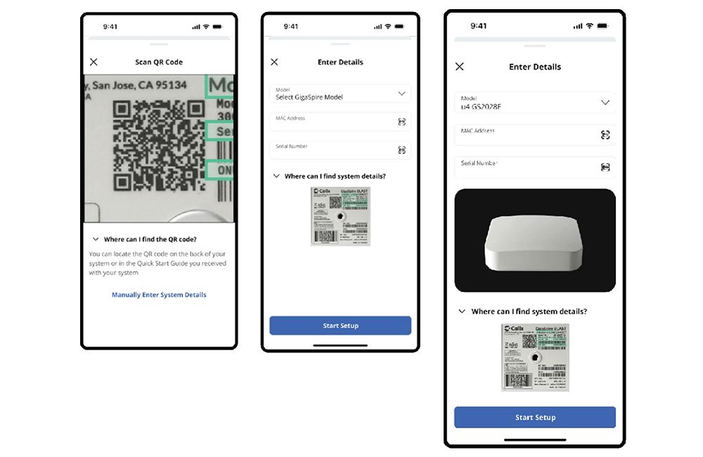 series of mobile screens showing how to scan the QR code or manually set up your system details in the CommandIQ app