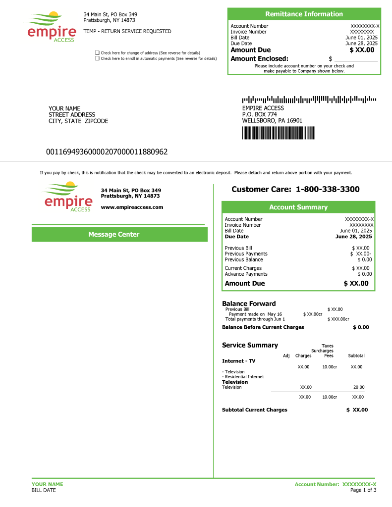 First page of the Empire Access monthly bill