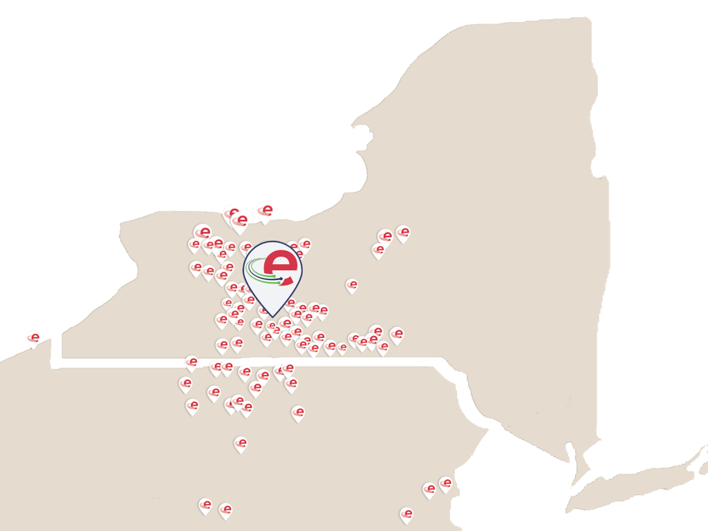 A map of New York State with multiple location pins marked "Empire Access," highlighting the company’s service areas in the southern and western regions of NY and northern PA states.