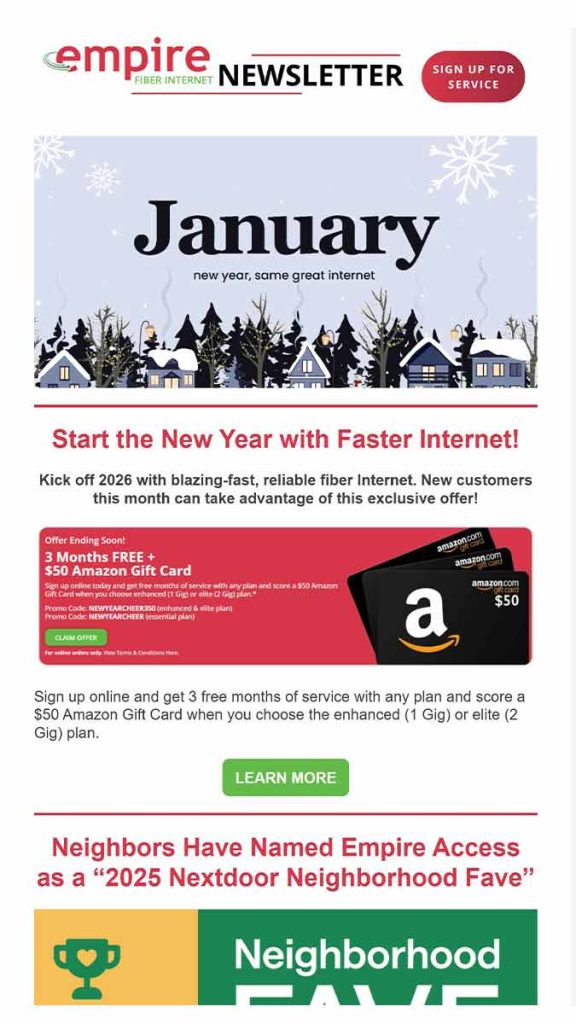 Thumbnail image of the January 2026 Empire Fiber Internet email newsletter